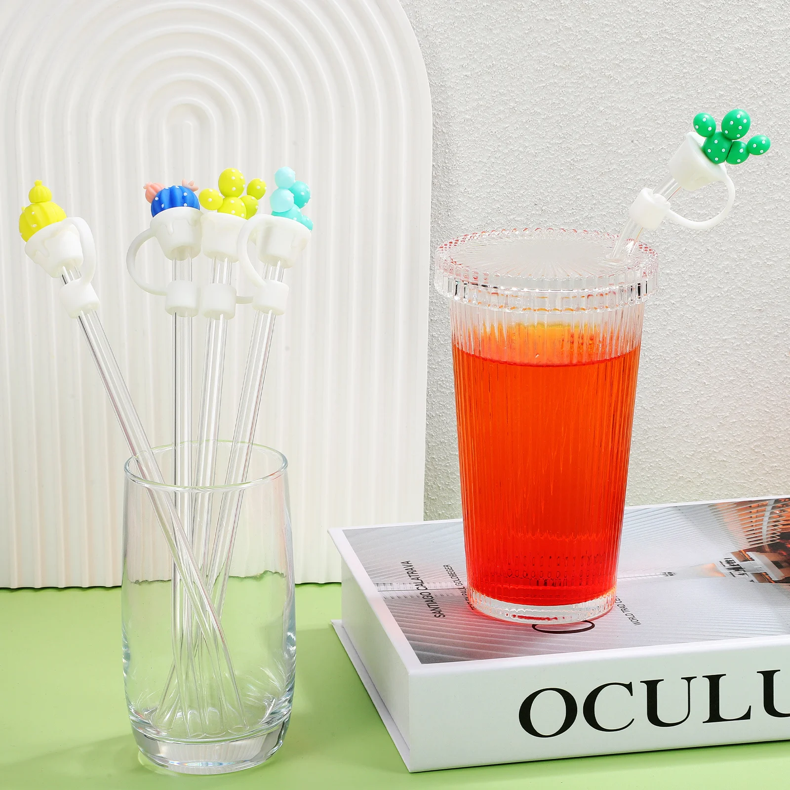 

6 pcs Silicone Covers Cute Cactus Shape Dust-Proof Straw Stoppers For Drinks Reusable Adorable Drinking Straw Caps