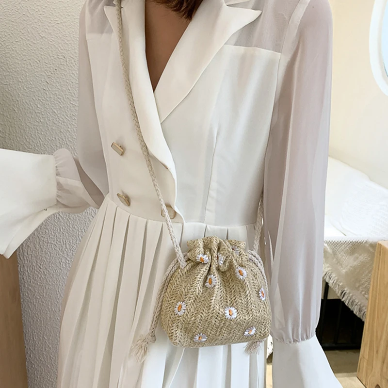 

Женские летние пляжные сумки на плечо, соломенные сумки-ведра, женские сумки-тоут, повседневные мини-сумки через плечо в стиле ретро