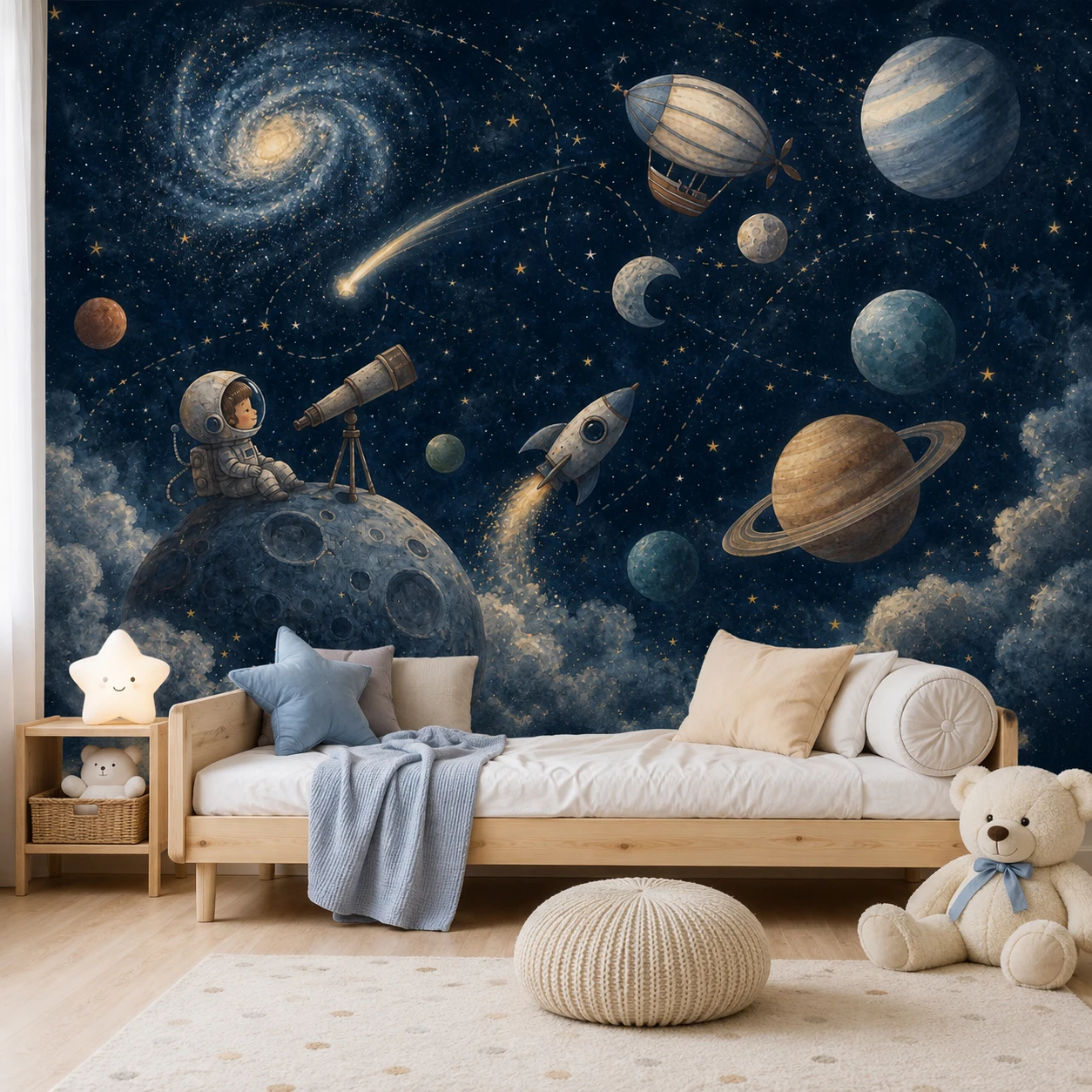 Kids Space Wallpaper Mural Astronaut Telescope Rocket Planets Galaxy Stars for Boys Bedroom Unpasted Requires Glue