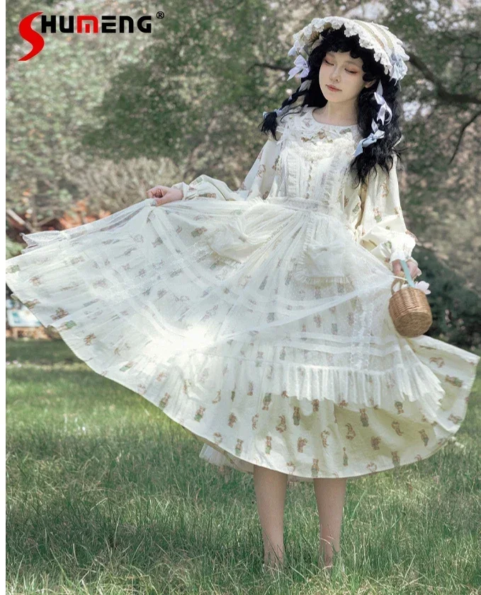 

Original Lolita Dress Op Womens Retro Vintage Printing Ruffle Edge Tea Party Princess Dress Prairie Chic Sweet Autumn Dresses