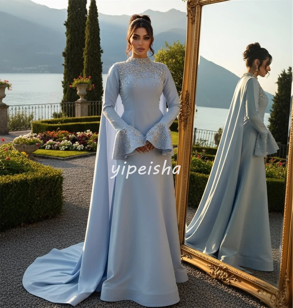 Customized Formal Evening Dresses Elegant Fashion Jersey Crystal Ruched A-line Prom Dresses High Collar Long Sleeves Party Dress image 3