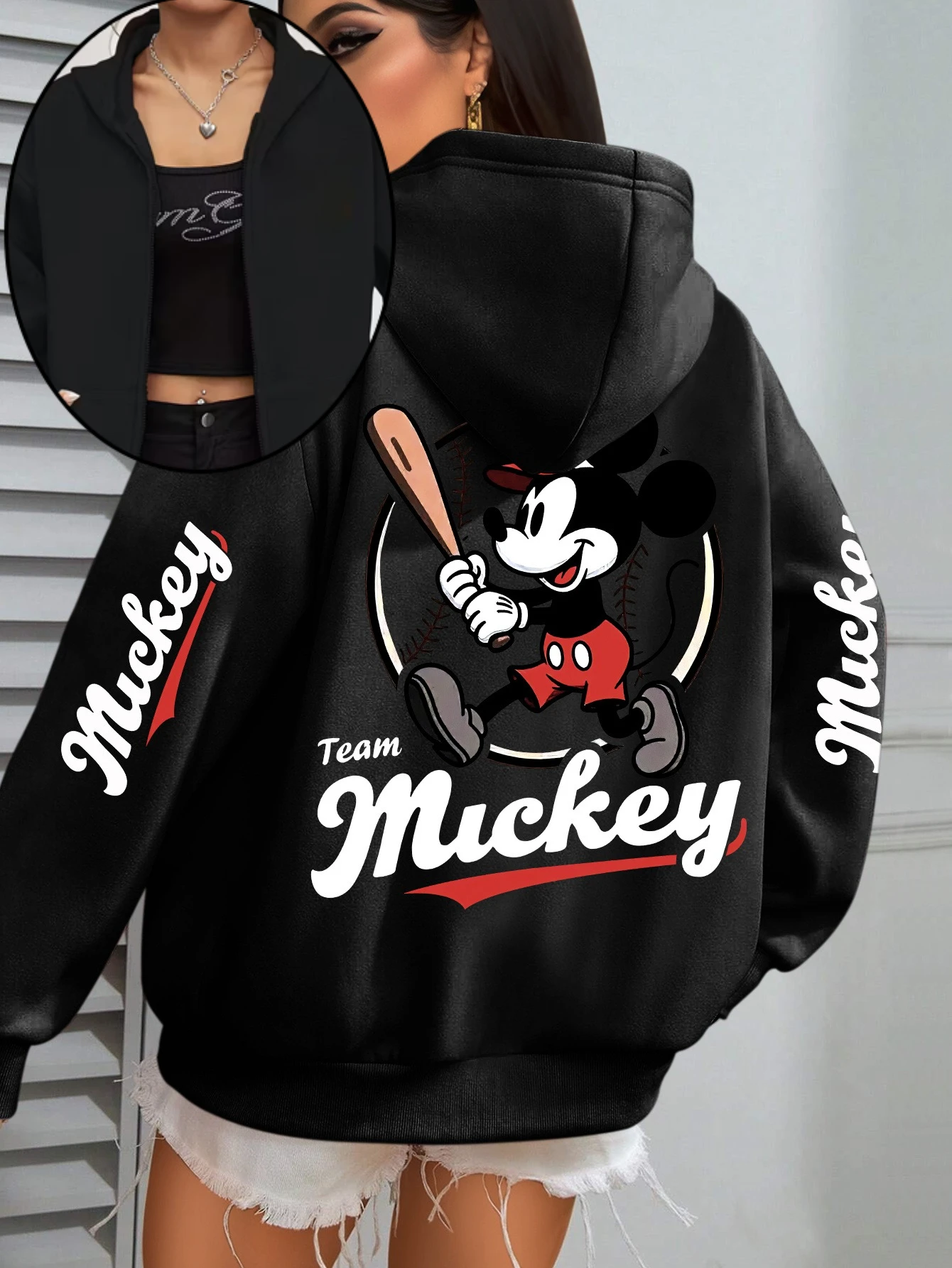 여성 디즈니 친구 미키 마우스 시리즈 지퍼 후드티 아늑한 플리스 스웨트셔츠 재킷 남성 코튼 가을 겨울 풀오버 코트 탑스