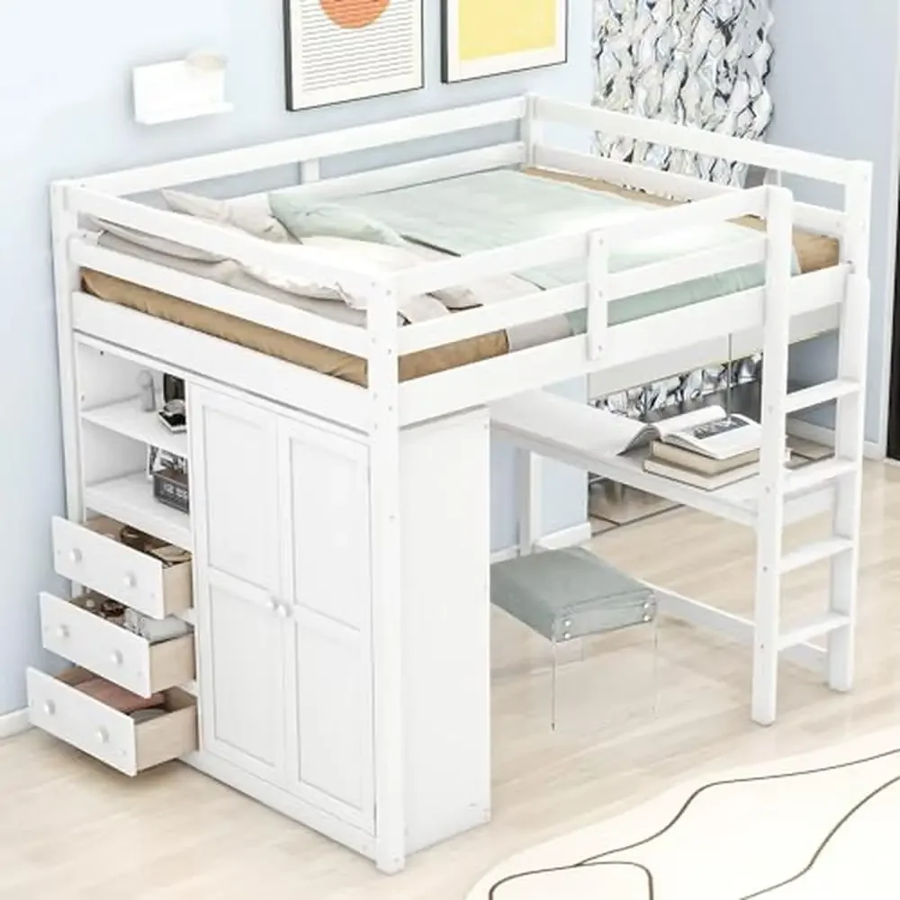 

Full Size Loft Bed with Built-in Wardrobe Desk Storage Shelves Drawers Solid Wood Frame White 79.5"L x 57"W x 67.5"H Loft Bed