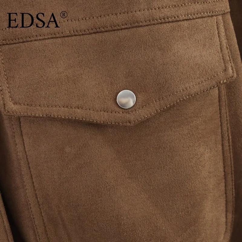 سترة نسائية من جلد الغزال من EDSA مع جيوب بغطاء قلاب وأكمام طويلة وسحاب جانبي ملابس خارجية للخريف للسيدات في الشارع