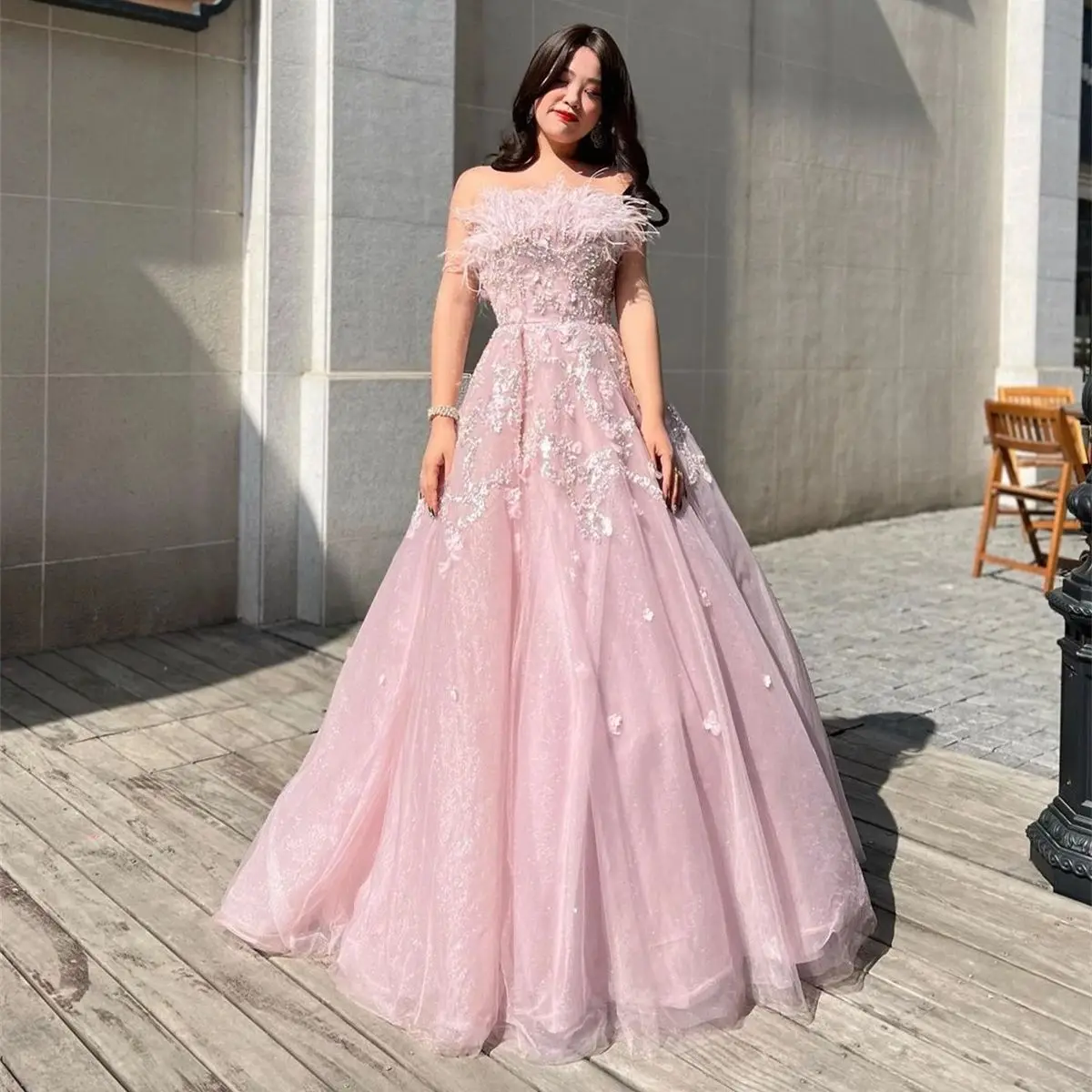 Duricve Spitze Appliques Perlen Rosa Prom Kleid Weg Von der Schulter Abendkleider Party Kleider für Frauen Balll Kleid Bodenlangen