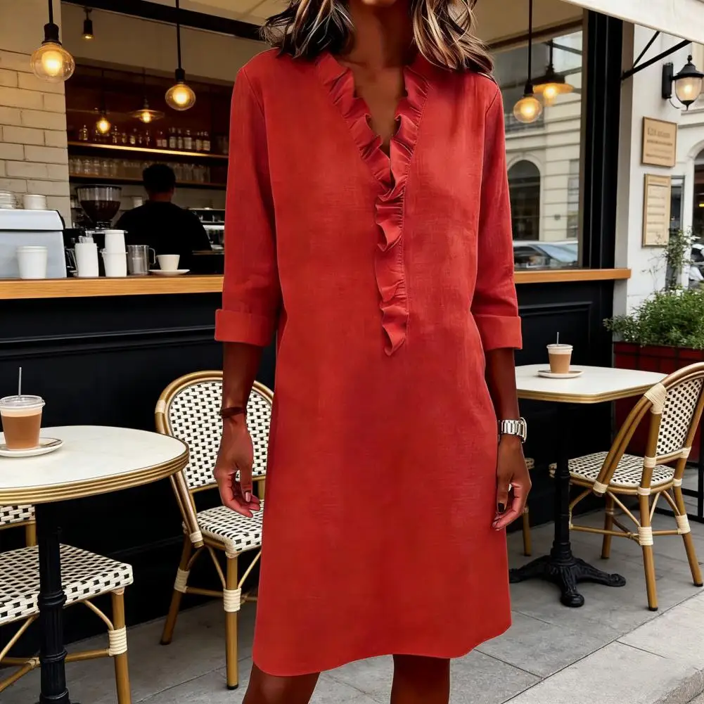 

2026 Summer Dress for Women Casual Ruffle Trim V-Neck A-Line Midi Dress Long Sleeve Vacation Travel Outfit with Pockets