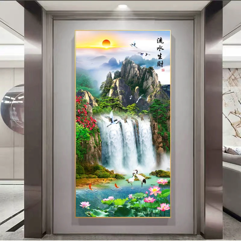 

New Chinese Feng Shui Canvas Painting Flowing Water Produces Wealth Posters Mountains and Rivers Wall Art Porch Wall Decor