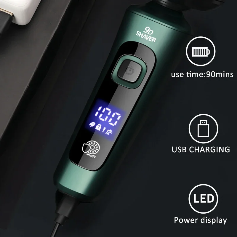 Groene Slimme Elektrische Scheerapparaat Lcd Digitaal Display Drie-Head Zwevend Scheermes Usb Oplaadbare Wassen Multifunctioneel Baardmes