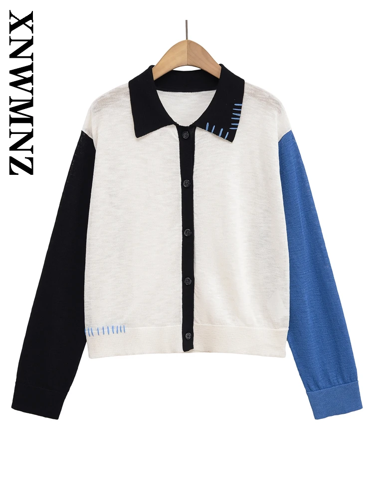 

XNWMNZ 2025 Осенняя новая женская одежда, модный повседневный вязаный топ с отложным воротником и длинными рукавами, шикарный простой женский кардиган с длинными рукавами