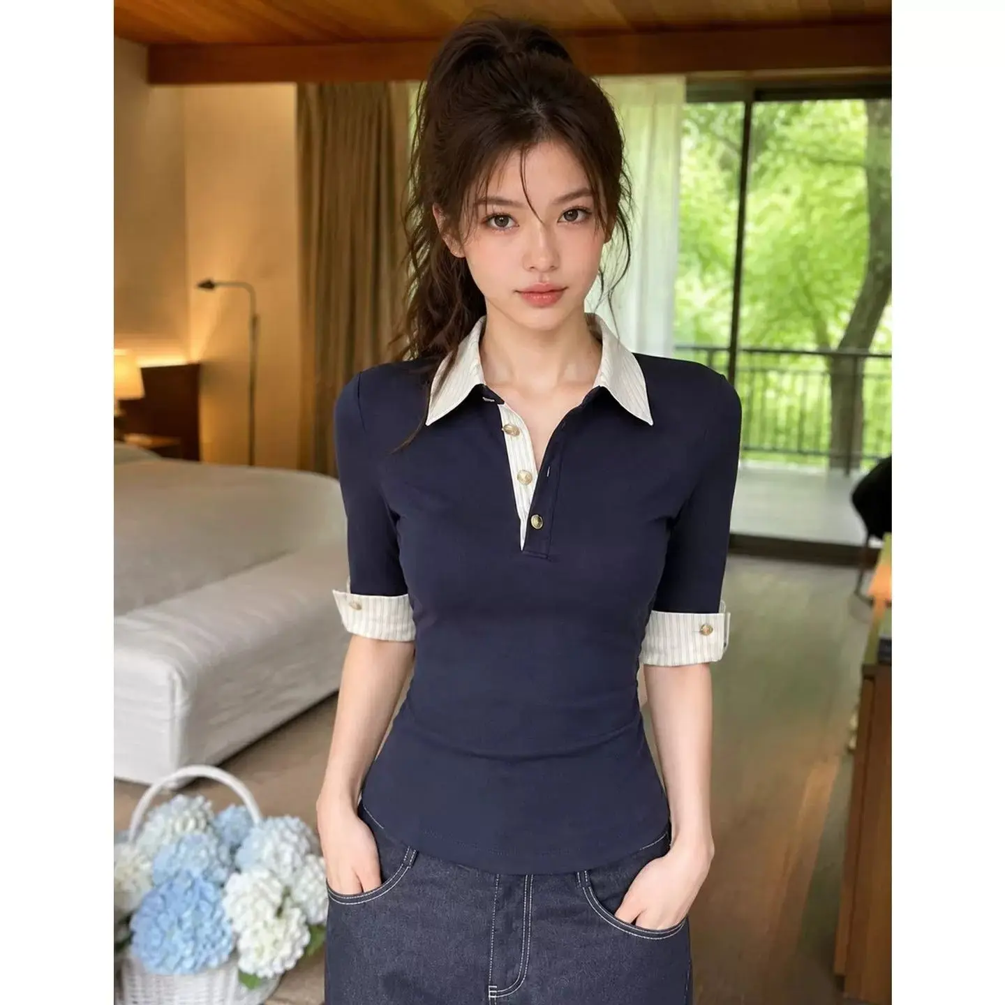 Kimutomo Vintage Women Mock Two‑Piece Color T‑Shirt Turn‑Down Collar Slim Fit Figure‑flattering Summer New Casual Outerwear Top