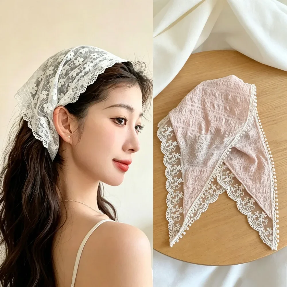 1Pc White Triangle Lace Scarf Sweet Turban Headscarf Fashion Headband Women Girls Travel Photo Hair Accessory Gift
