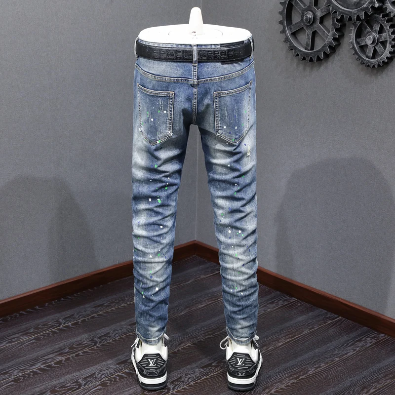 Street Fashion Men Jeans Retro Washed Blue Stretch Slim Fit Ripped Jeans Men Painted Designer Vintage Denim Pants Hombre