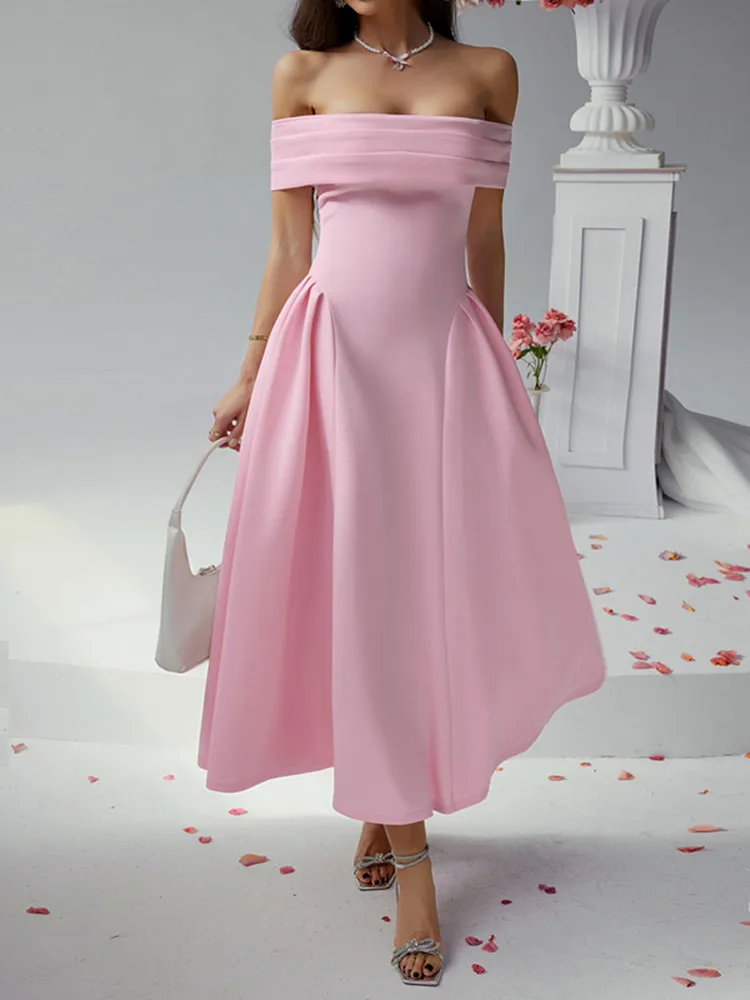 

SKMY Party Evening Dress Off The Shoulder Chest Wrapped Dress Women Clothing 2025 Spring Summer Solid Color A-Line Dress
