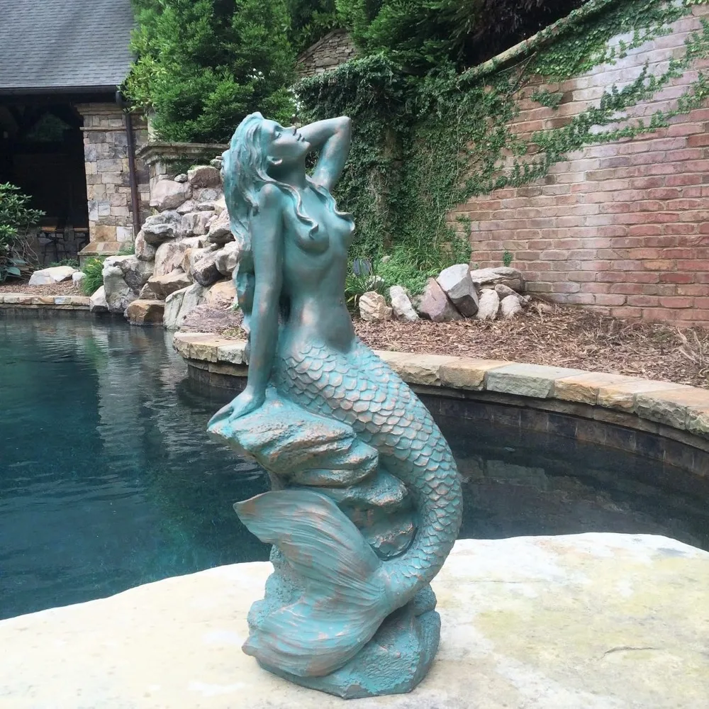 

2024 New 28 in. Giant Sexy Mermaid Sitting on Coastal Rock Beach Nautical Garden Statue