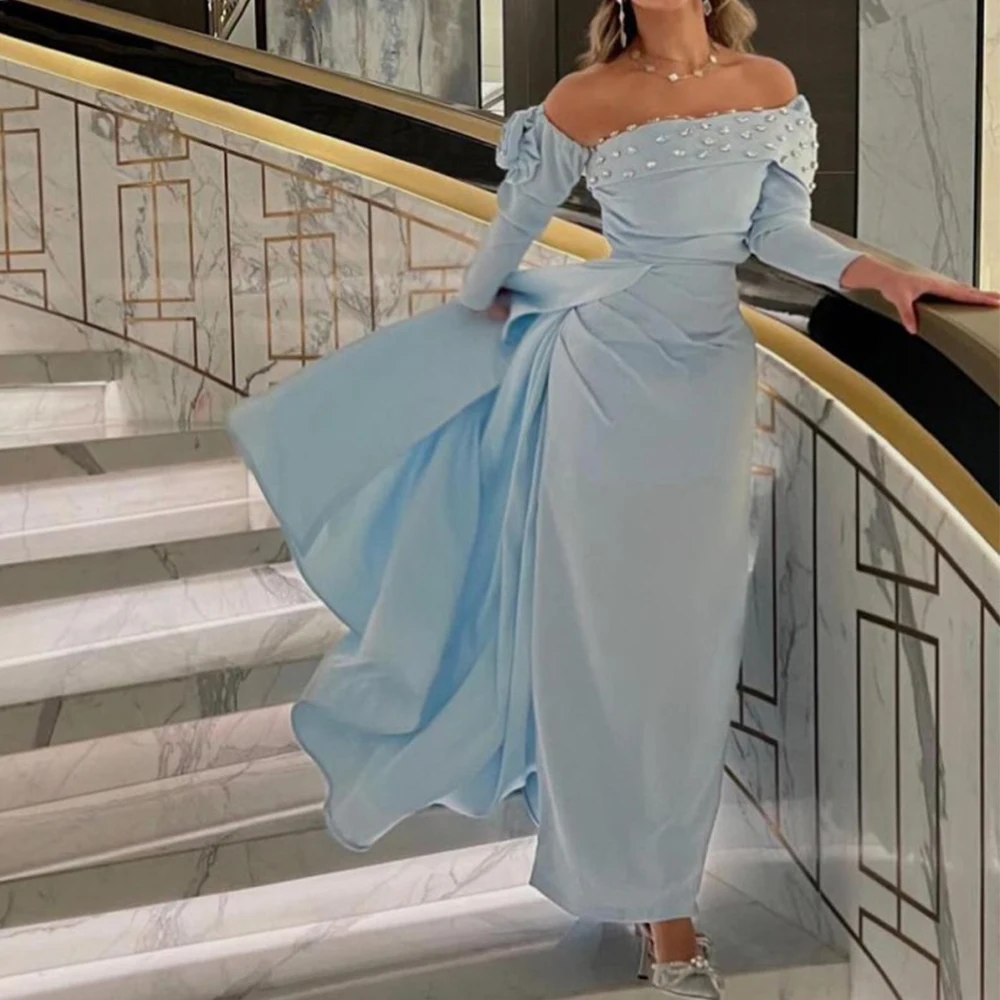 

Flechazo Light Blue Off the Shoulder Evening Dress Long Sleeves Straight Ankle Length with Crystal and Pleat Banquet Gowns