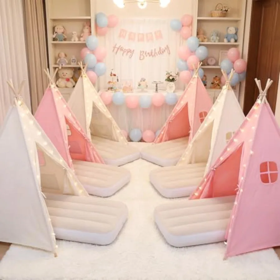 ピンク、白、ナチュラルのプレイテント、女の子、男の子への誕生日プレゼントに最適。6パックのティピーテント、インフレータブルエアベッドとライト付き、屋内使用可能。
