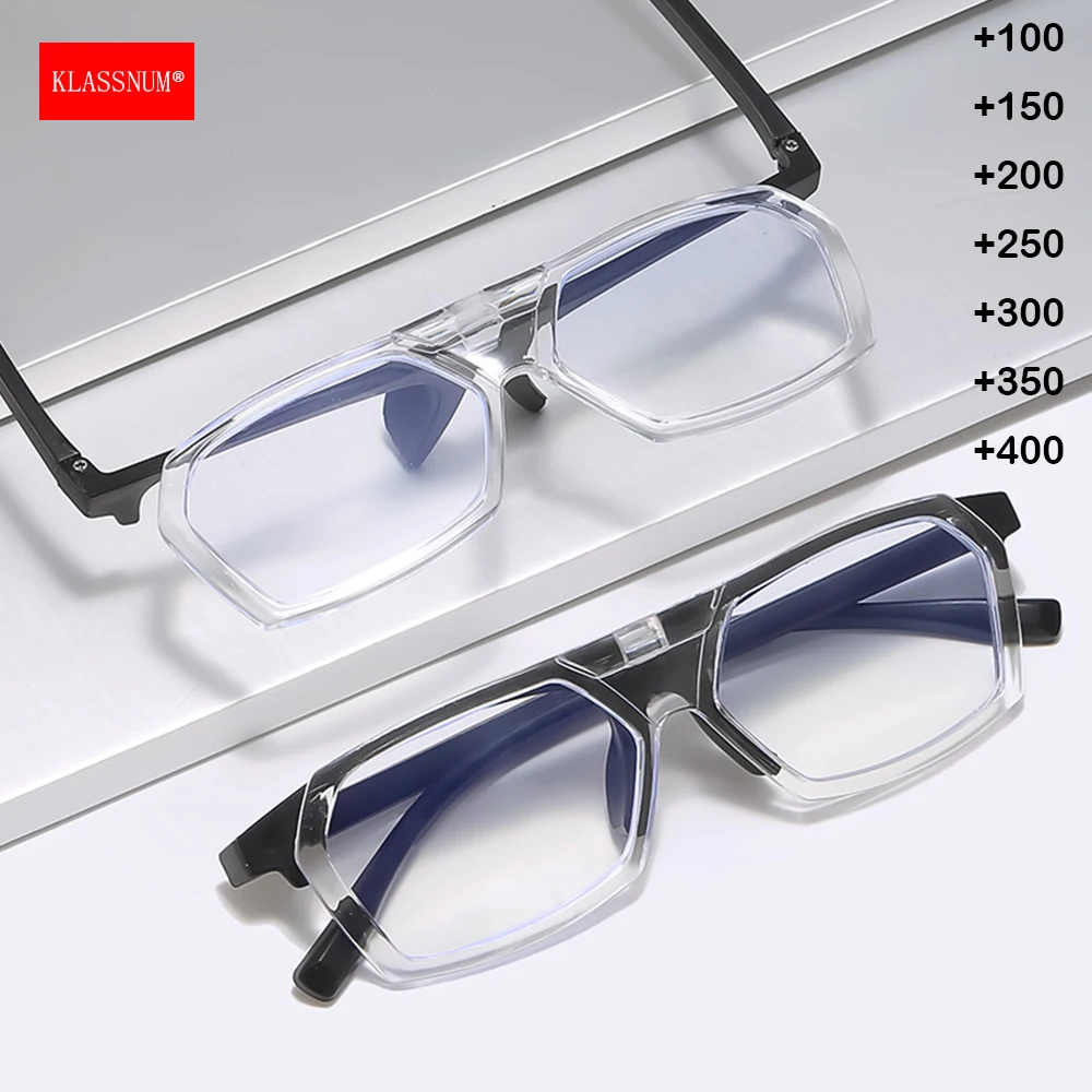KLASSNUM Flip Up Reading Glasses Far And Near Use Magnifying Lens Men Lightweight Polygonal Presbyopic Glasses +1.0+1.5+2.0+2.5