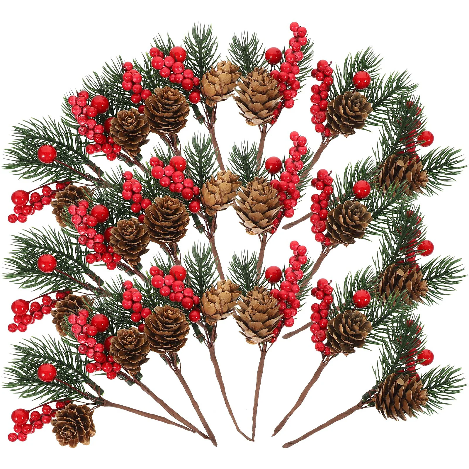 

10 Pcs Artificial Christmas Pine Branches Red Fruit Cones Bright Color Festive Atmosphere Home Tree Decor Holiday Crafts Making