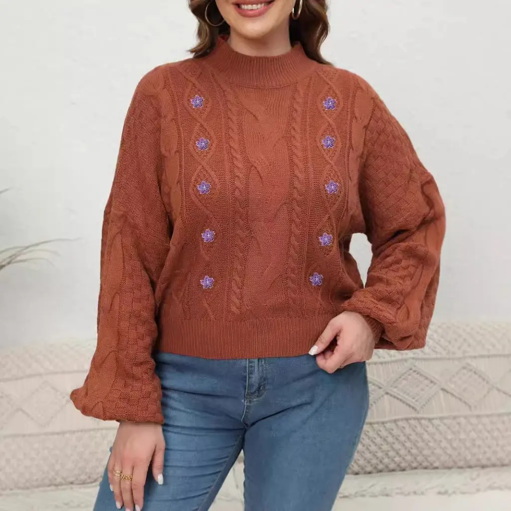 

Women's plus Size Woven Sweater Half-Turtleneck Lantern Sleeve Flower Embroidered Sticker European American Style Pullover
