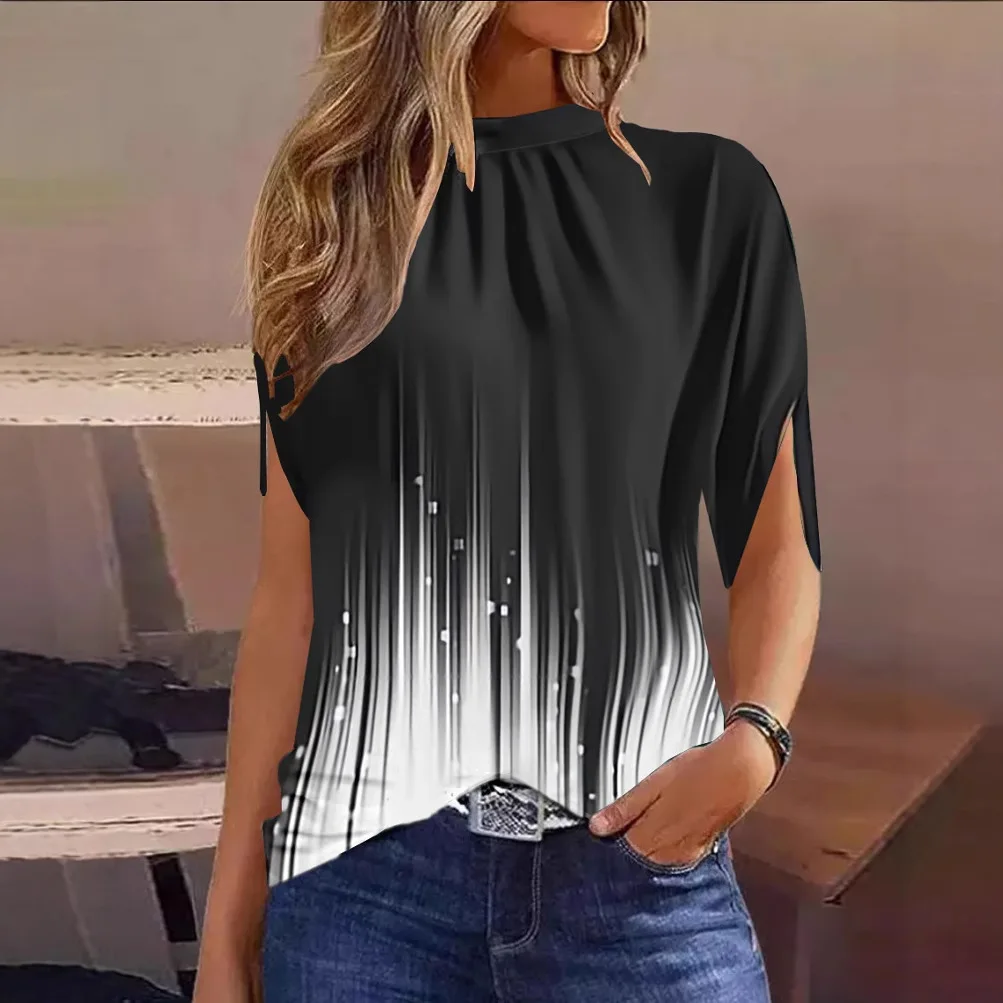Damesmode Ronde Hals Normaal Digitaal Bedrukt Shirt Top Dames Elegant Slim Fit Semi Hoge Hals Gedrukt Chiffon Shirt Top