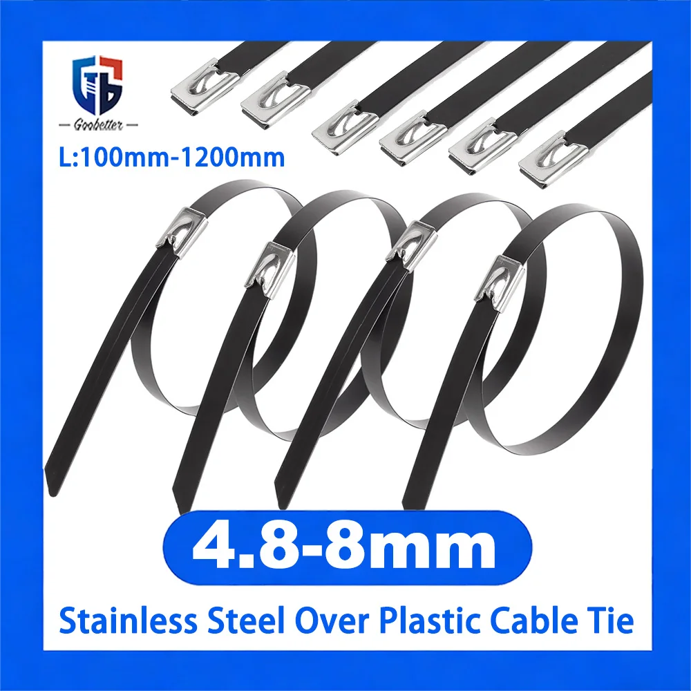 304 Stainless Steel PVC Coated Cable Ties 4.8mm/8mm Black Marine Grade Metal Zip Ties Self-Locking Fastener Length 100mm-1700mm