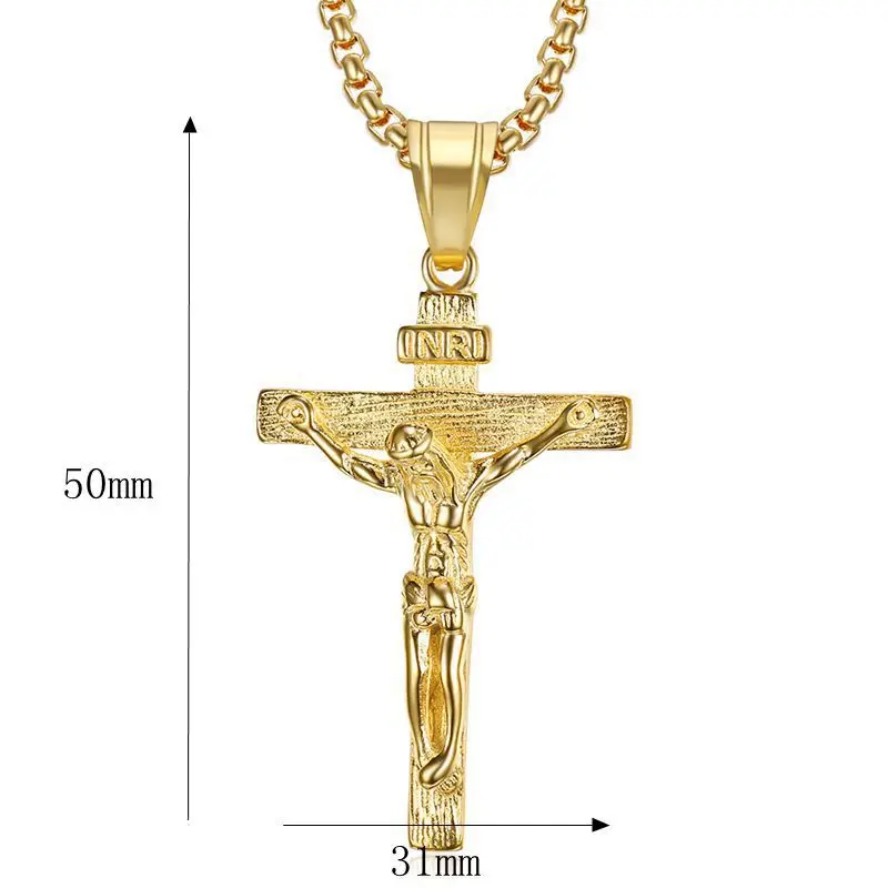 Hip Hop Rock Stainless Steel INRI Jesus Cross Crucifix Pendant Necklaces for Men Jewelry Father Gift Gold Silver Color