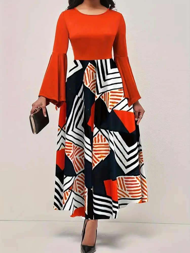 Robe trapèze à manches évasées à imprimé géométrique, robe élégante à col ras du cou et longueur de rinçage, vêtements pour femmes