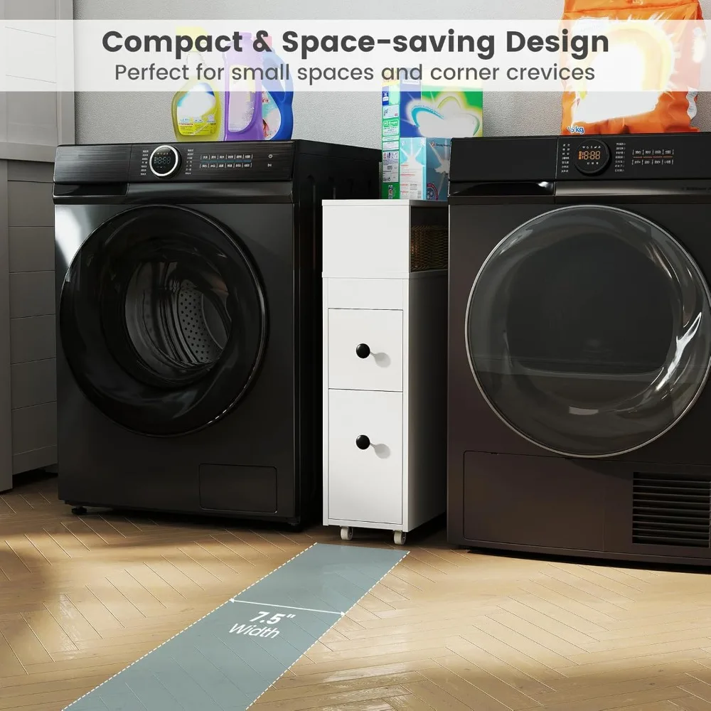 خزانة تخزين الحمام الضيقة مع درجين منزلقين، وسلتين من الروطان، ورفوف #6