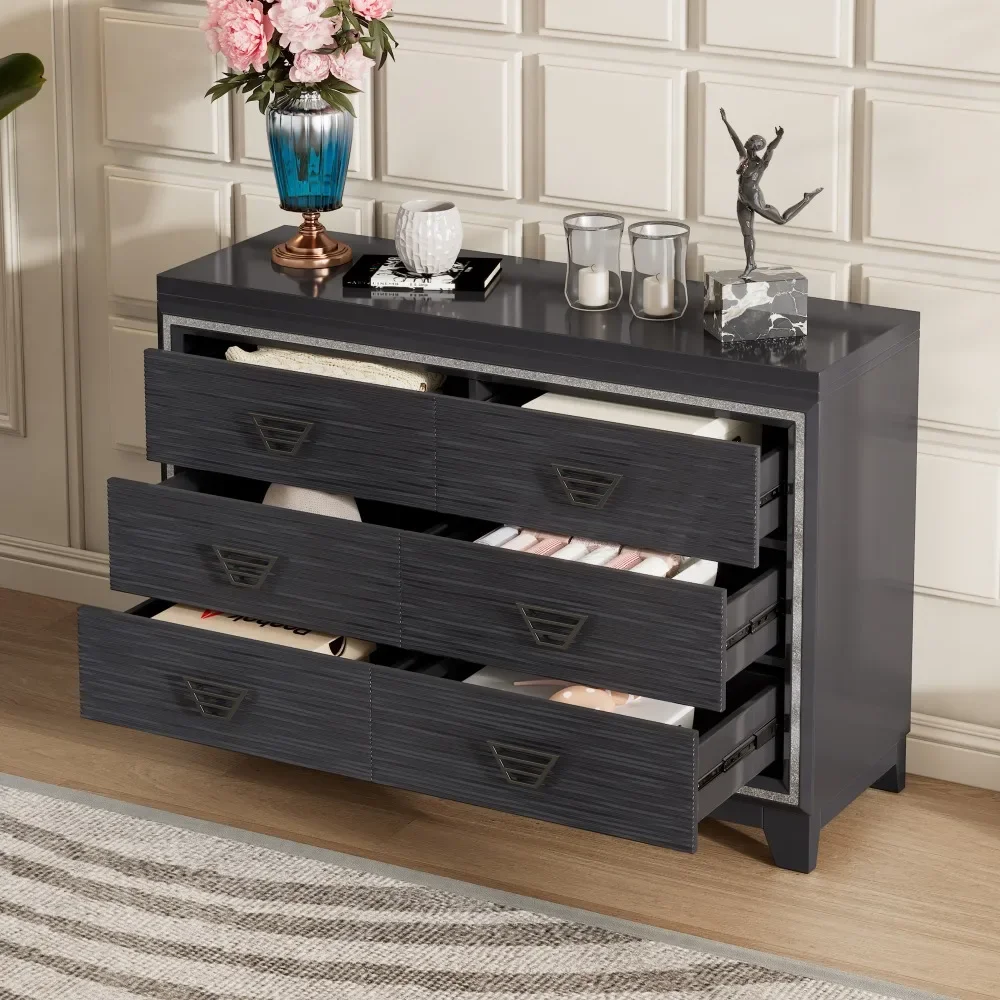 Elegant Dresser with Metal Handle and Sparkling Shiny Decoration, Storage Cabinet with 6 Drawers for Bedroom, Living Room