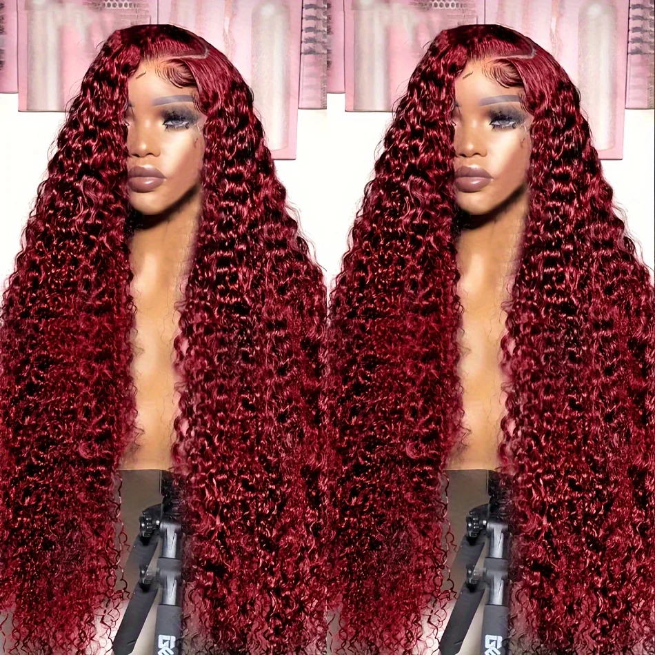 Perruque Lace Front Wig Naturelle Bouclée, Cheveux Humains, Deep Wave, Bordeaux HD, 13x4, 13x6, 100% 30 40 Pouces, pour Femme