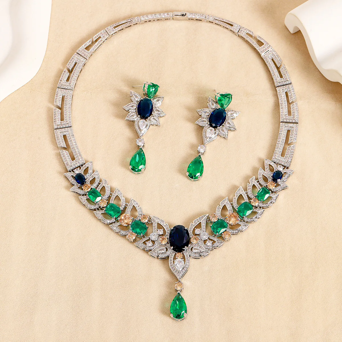 New Elegant Cubic Zirconia Ladies Party Wedding Necklace And Earrings Set Luxury Bridal Jewelry Set