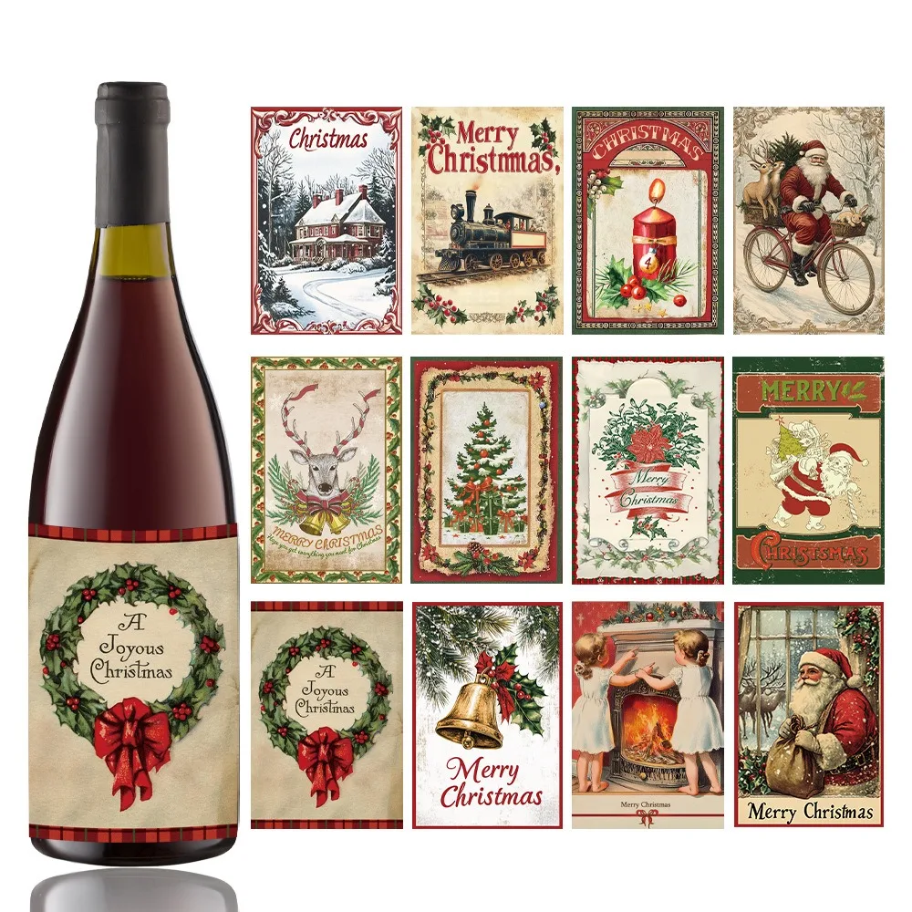 Christmas Decoration Vintage Copperplate Paper Sticker Bottle Sticker Red Wine Bottle Sticker Happy New Year Party Label Sticker