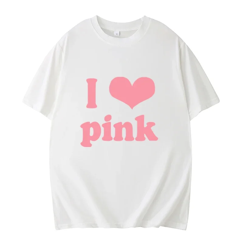 I Love Pink Lettering T-Shirts We Wear Pink on Wednesday Pink Ribbon for Cancer Prevention Aesthetic Grunge Girl Punk Streetwear