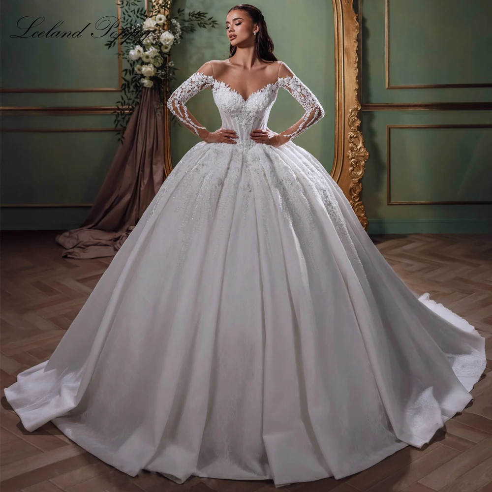 Lceland Poppy Customized Ball Gown Lace Wedding Dresses Scoop Neck Princess Beaded Bridal Gowns with Full Sleeves
