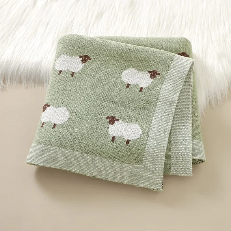 

Multi Use Lamb Print Baby Blanket Soft Knitted Swaddle & Stroller Cover Neutral Farmhouse Infant Bedding