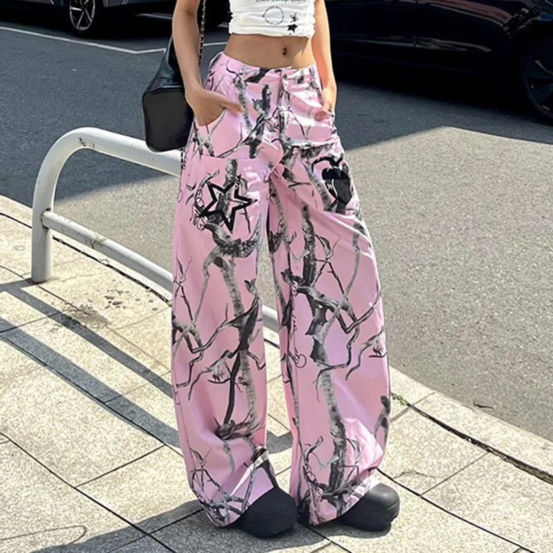 

Sifreyr Y2k Wide Leg Baggy Pants For Women Fashion Plant Camouflage Print High Waist Loose Trousers Streetwear Grunge Cargo Pant