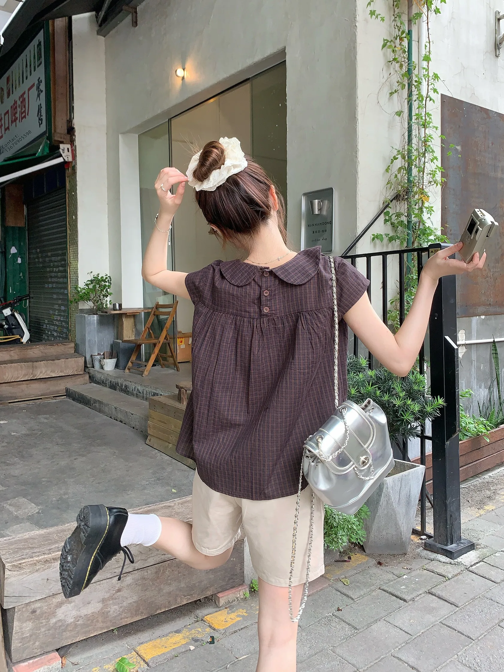 คอตตอนสวีท โนตตุ๊กตาคอปกลายสก๊อตหรือเสื้อทรงสลิมมิ่งย้อนยุคอเนกประสงค์สำหรับหญิงสาวในฤดูร้อน