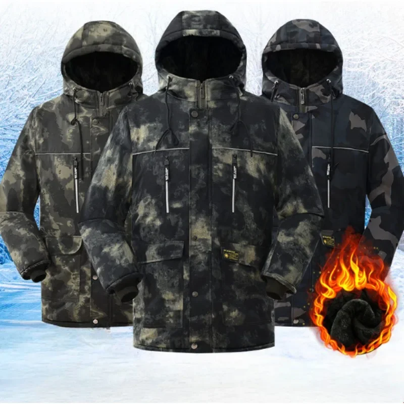 Winter men's medium long outdoor cold camouflage cotton-padded coat high quality thick and fleece warm cold work clothes size3XL