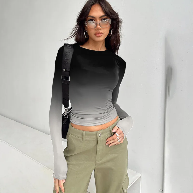 

Women's Gradient Slim T Shirt Spring Autumn 2024 O-neck Long Sleeve Casual All Match Tees Hipster Y2k Crop Top Trend Streetwear