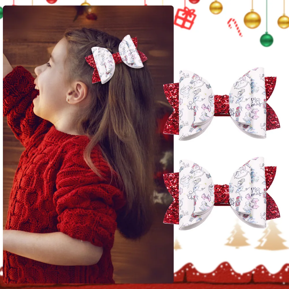 1 Piece Girl Infant Hair Accessories PU Leather Printing Bowknot Christmas Hairpins Glitter Edge Clip Tiara Headwear