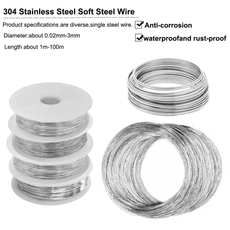 100M~1M 304 Stainless Steel Soft Steel Wire Diameter 0.02/0.08/0.2/1/1.5/2.5/3mm Single Strand Lashing Soft Iron Wire Rustproof