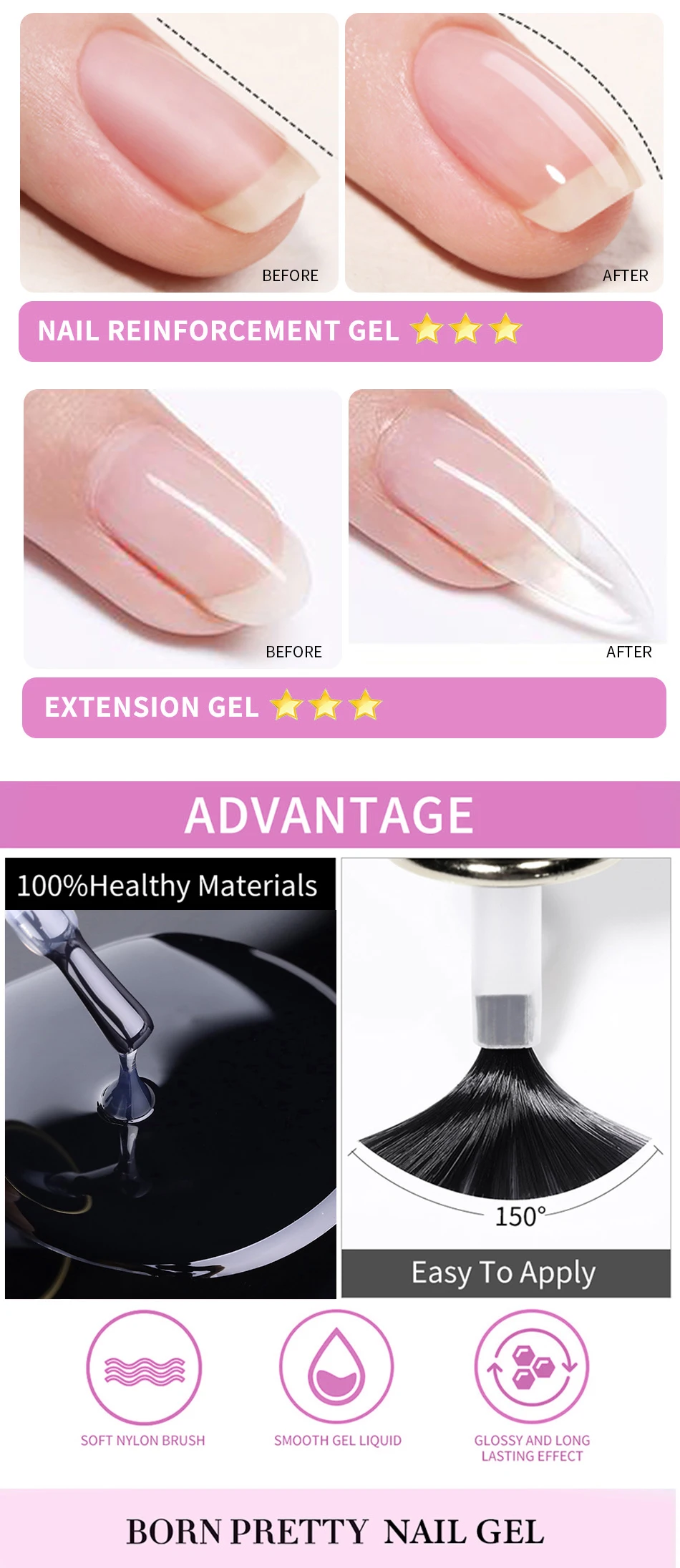 BORN PRETTY 15/10ML 6 IN 1 Nagelklebergel für Acrylnägel Soak Off Base Gel Top Coat UV-Verlängerungsnagelgel Falsche Nagelspitzen Gel – Detail 9