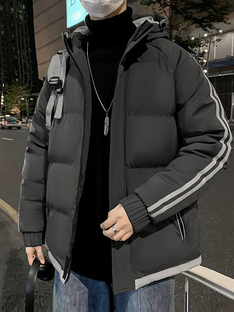 

Men's Faion Thiened Warm Cotton Jaet Autumn Winter Trendy Brand Stand Fit Zipper Closure Long Sve Hooded Coat