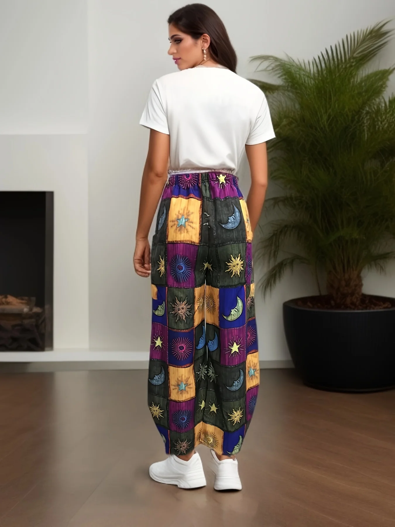 Women's Over Sized Casual Pants Loose Style 3D Retro Sun And Moon Print With Pockets Fashion Women's Street Elegant Loose Pants