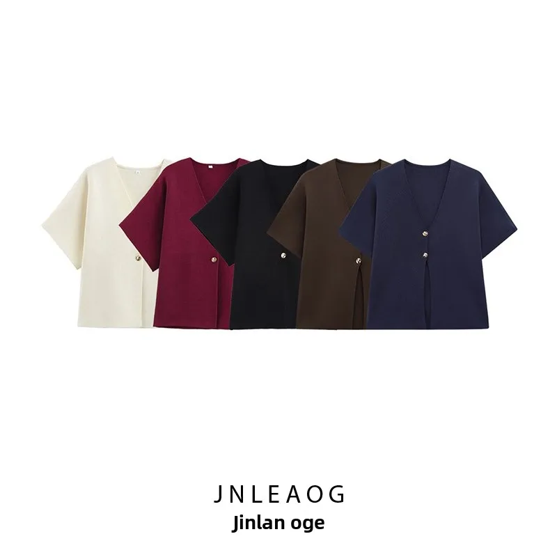 JNLEAOG Spring New Women's Faion Design Flat Needle ort Sve Knitted Sweater Straight Tube Polyester Fiber V-ne Button