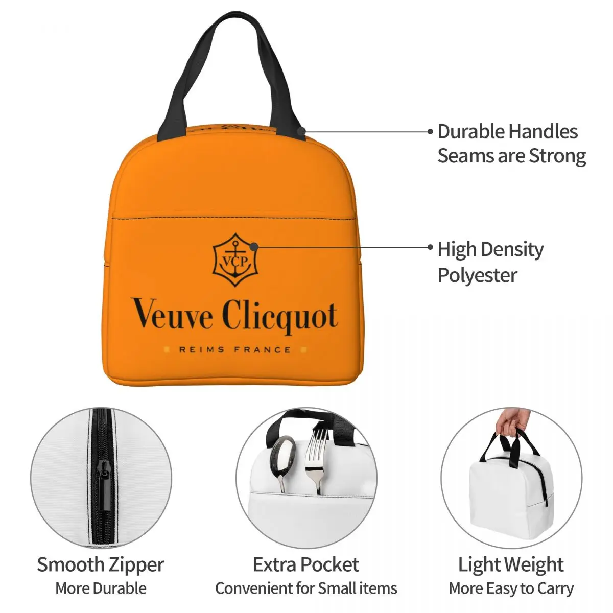 Champagne Orange Black White Insulated Lunch Bag Thermal Bag  Veuves Clicquots Tote Lunch Box Food Handbags School Travel