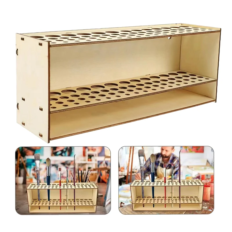Tempat kuas cat kayu 67 lubang, dudukan sikat cat kayu berdiri Organizer meja dipasang di dinding rak kuas Makeup untuk perlengkapan melukis