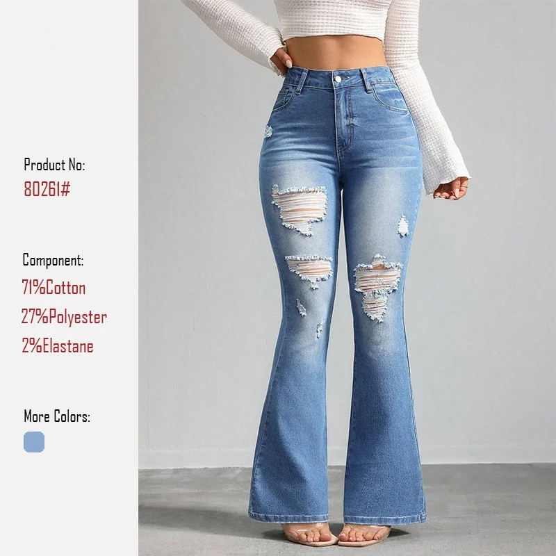 High-Waisted Elastic Long Pants Women's Jeans with Cuffed Hem And Hole Details Casual Trousers for Ladies pantalones de mujer
