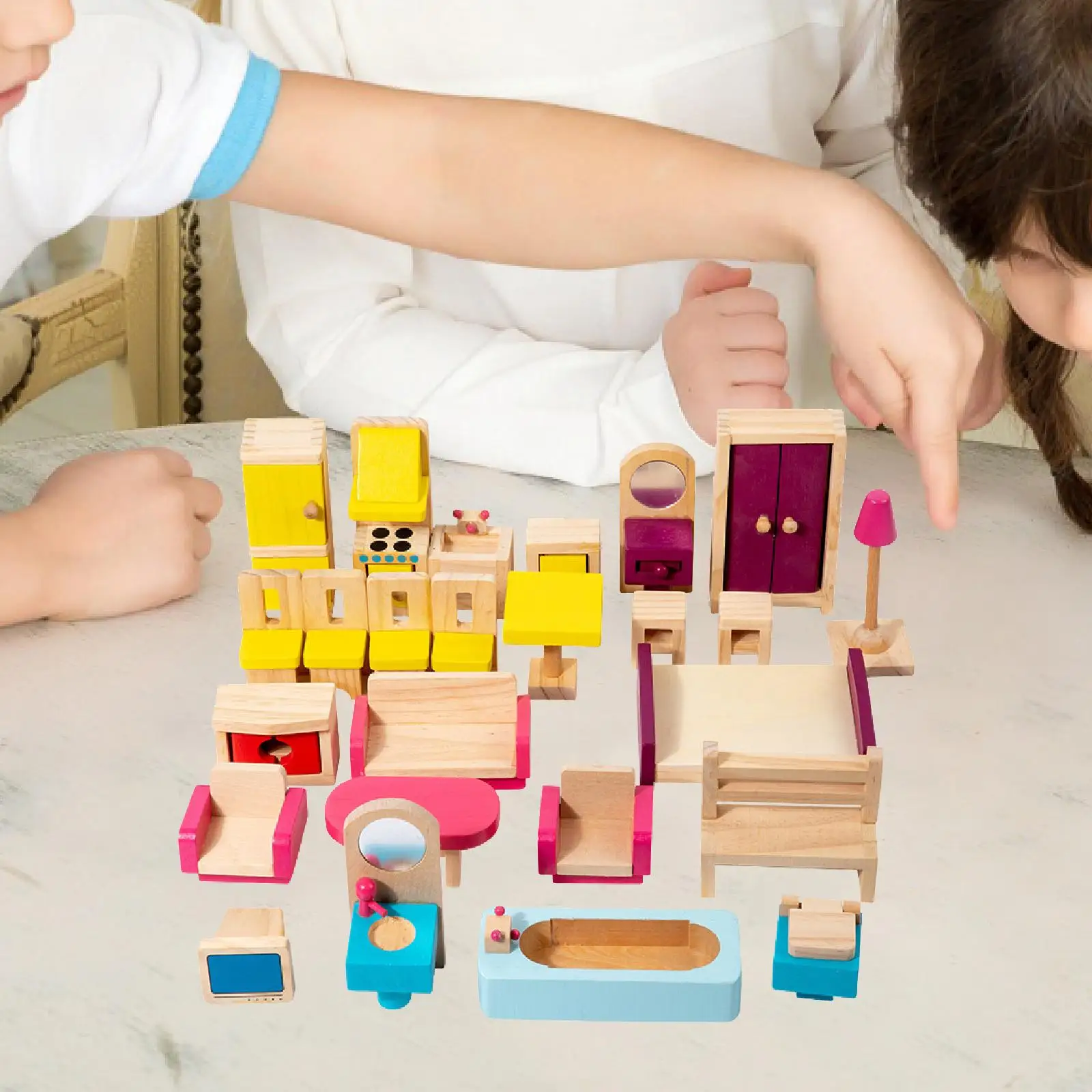 26 Pieces Wooden Dollhouse Miniature Furniture Set Role Play Games Kids Toy for Toddlers 3+ Kids Boys Girls Christmas Gift