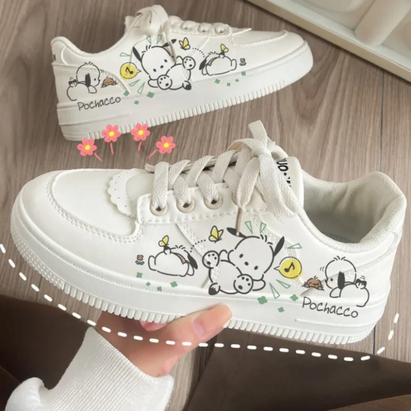 

Sanrio Small Fresh Skateboard Shoes Pochacco Sneakers Kawaii Girl Small White Shoes Harajuku Breathable Versatile Women Shoes